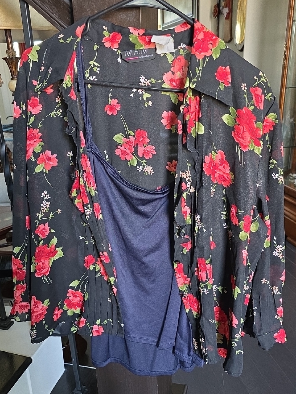 Black Floral Button-Up Blouse with Red Floral Print and Navy Camisole